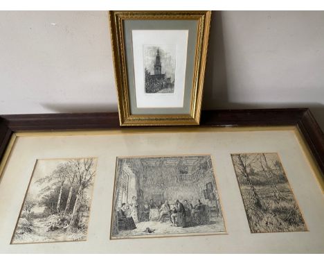 Oak frame 48cm h x 89cm w containing three 19thC prints, one by David Bates, one by R W Rouse 1885 the other one indistinct, 