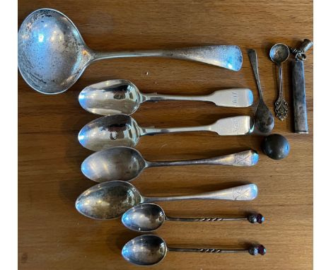 A quantity of hallmarked silver spoons to include ladle, teaspoons, mustard spoon, pencil holder, lid and a Norwegian sterlin