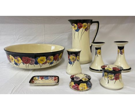 Royal Doulton 'Pansy' set to include: jug 31cm h, bowl 39cm d, a pair of candlesticks, vase 14cm h, 2 x lidded pots and a tri