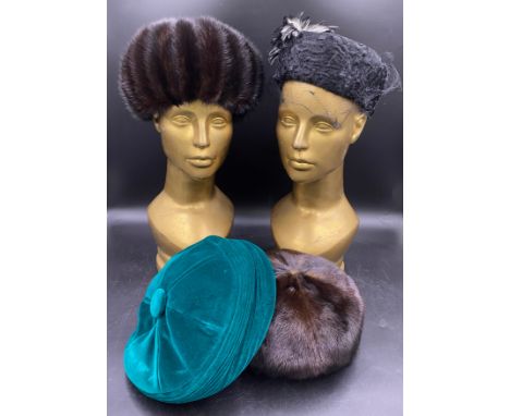 Four hats to include two mink, one black Persian lamb and one green velvet with button decoration.Condition ReportPersian lam