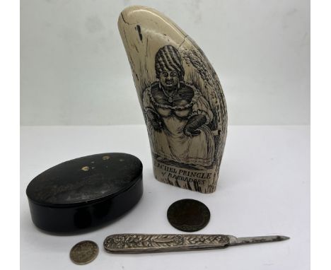Miscellany to include papier mache snuff box, pen knife, 1700 Britannia half penny,  resin copy of scrimshaw, 1916 3 pence.Co