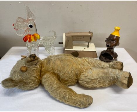 A miscellany to include a child's Singer sewing machine, Murano glass dog, vintage Merrythought bear and a ceramic novelty as