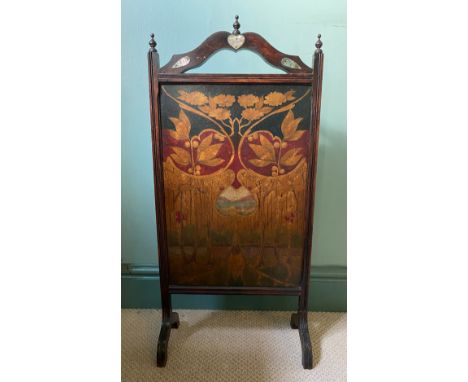 Painted Art Nouveau fire screen with abalone shell decoration. 88 h x 41.5cm w.Condition ReportWobble to one leg.