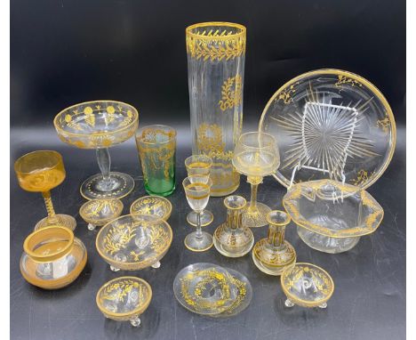 A collection to include gilt painted and engraved glassware : galleried plate 20cm diam. , deep bowl 5.5cm, bon bon dish on s