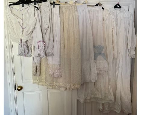 Nine cotton, lace and silk undergarments and nightwear to include 2 x full length and long sleeved night dresses, 3 x long un
