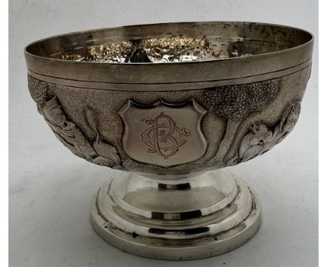 Indian white metal bowl probably Bombay depicting animals and hunting scene, 172gm. 10.5 cm d.Condition ReportGood condition.