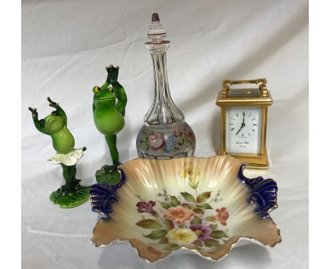 A miscellany to include a carriage clock by Morrell &amp; Hilton, Huntingdon, glass decanter painted with flowers, pair of gr