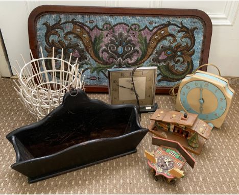 A miscellany to include: Victorian beadwork tray 58.5 x 28cm, wooden hanging rack, 2 x vintage clocks, 4 x mid century plant 