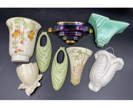 Eight ceramic wall pockets to include a pair of Burleigh Ware, hand painted Gray's pottery, etc. Largest 21cm long.Condition 