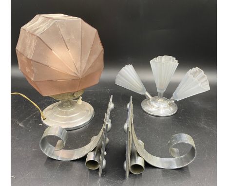 Art Deco Table Lamp with pink glass shade, Chrome book ends and small glass and chrome epergne.Condition ReportLamp connectio