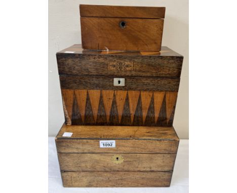 Three 19thC boxes to include mahogany tea caddy, combined work/writing box and a parquetry box.Some veneer loss, escutcheon l