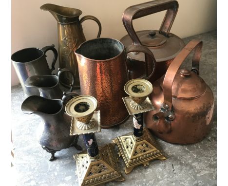 Selection of brass, pewter and copper including pair of candlesticks, enamel stem, 2 copper kettles, one hammered, hammered j
