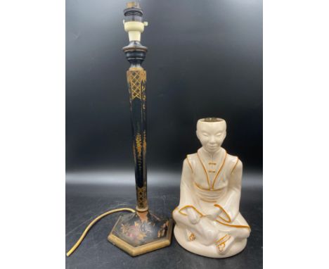 Two table lamps on an oriental theme, one ceramic by Brentleigh 23cm h, the other painted wooden 44cm h to top of fitting.