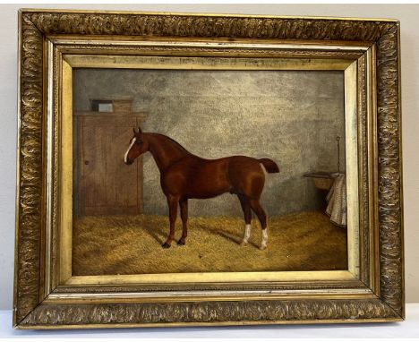 A 19thC oil on canvas horse portrait, horse in stable setting in gilt frame. 29 x 39.5cm sight size.Condition ReportPainting 