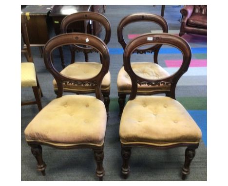 Four 19thC mahogany balloon back upholstered dining chairs.Condition ReportWear to upholstery. One button missing.