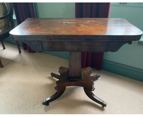 A Regency rosewood card table, baize lined with brass castors. 75 h x 91 w x 45cm d.Condition ReportMarks to top and front.