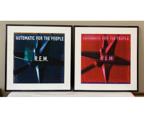 Two limited edition prints of R.E.M. Automatic for the People, blue print is 131/300, red print 99/300. Image sizes 31 x 31cm