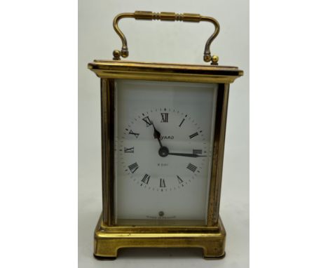 A brass cased carriage clock by Duverdrey &amp; Bloquel with Roman numerals. 11 5cm h. Winds and goes.Condition ReportWinds a