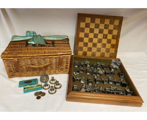 Miscellany to include a heavy wooden chess board with 32 base metal pieces, Fortnum &amp; Mason picnic hamper, a Mono Dainty 