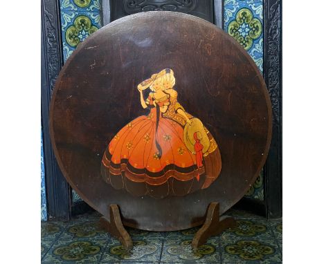 Circular wooden firescreen with crinoline lady decoration to front. 60cm d.Condition ReportGood condition.