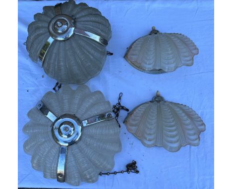 Art Deco chrome and opaque glass shell light fittings, 2 pendant and 2 wall lights. 2 wall lights 21cm h x 27cm w, others app