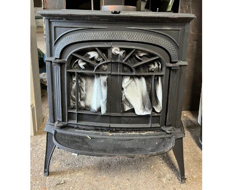 An Intrepid II Catalytic Wood Burning Stove. 54 w x 61cm h. With fireguard.Condition ReportMissing handle otherwise good.
