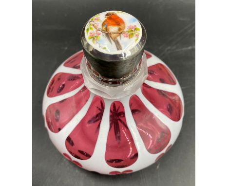 Bohemian cased white to cranberry glass perfume bottle with silver collar probably Birmingham 1905 by Ahronsberg Brothers, wi