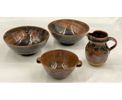 David Lloyd Jones (1928-1994) to include 2 bowls 20.5 cm d, small twin handled bowl 14.5cm d and a jug 14cm h. Impressed LJ m