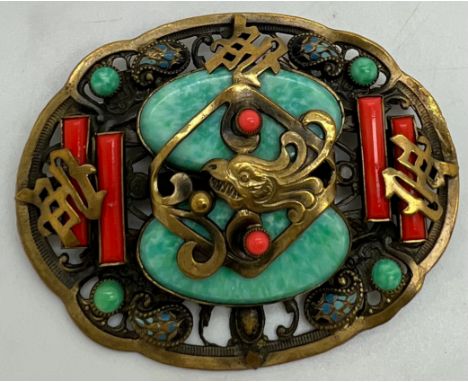 A vintage Chinese brooch set with jade and coral. 5 x 6.5cm with later added safety chain.Condition ReportGood condition. Com