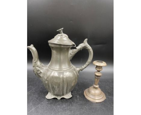 Mappin &amp; Webb, London 1907 candlestick. 13.5cm h with a Pewter kettle pot, inscribed, 24cm h, marked to the base A. Furni