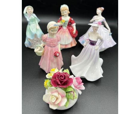 Five ceramic figurines and a Royal Doulton posy to include Royal Doulton 'Valerie' and 'Tinkerbell', Coalport 'Cassie', 'Bonn