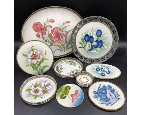Collection of ceramic and metal tea pot stands, trays etc largest tray 36cm. Most tiles impressed to base and numbered.Condit