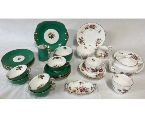 Two part tea services. Ye Old English Grosvenor to include; 1 x cake plate 24cm d, 6 x side plates, sugar, milk jug, 5 x cups
