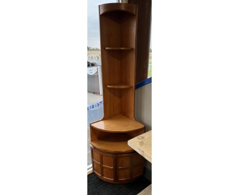 A mid century corner shelf and cupboard unit by Nathan.  42 d x 63 w x 193cm h.Some wear and tear.