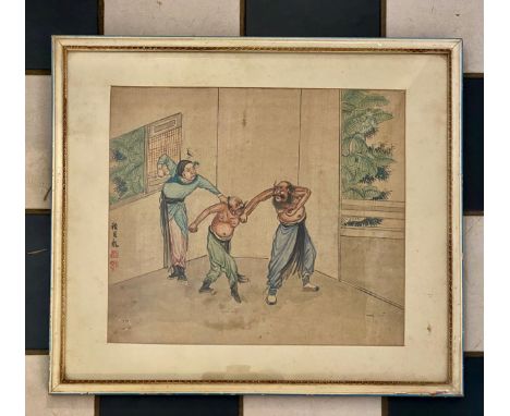 Japanese School watercolour (19thC) Figures in a fighting scene. Seal marks to left side, image 27cm x 31cm.Condition ReportS