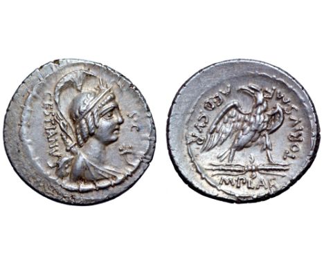 M. Plaetorius M. f. Cestianus AR Denarius. Rome, 67 BC. Bust of 'Vacuna' right, wearing a wreathed and crested helmet, bow an