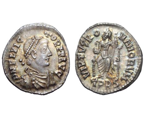 Flavius Victor AR Siliqua. Treveri, AD 387-388. D N FL VICTOR P F AVG, pearl-diademed, draped and cuirassed bust right / VIRT