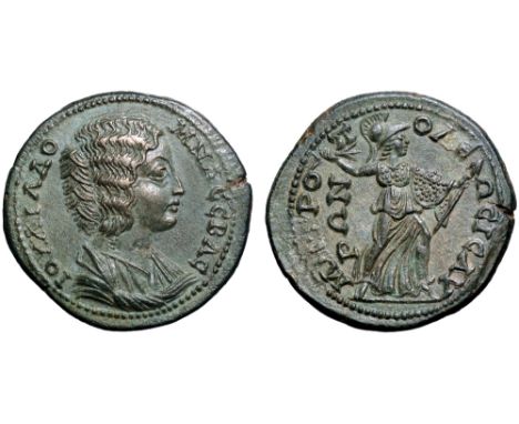 Julia Domna Æ31 of Isaura, Cilicia. AD 193-217. IOVΛIA ΔOMNA CEBAC, draped bust right / MHTPOΠOΛEΩC ICAVPΩN, Athena Promachos