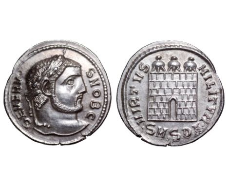 Severus II, as Caesar, AR Argenteus. Serdica, AD 305-306. SEVERVS NOB C, laureate head right / VIRTVS MILITVM, three-turreted