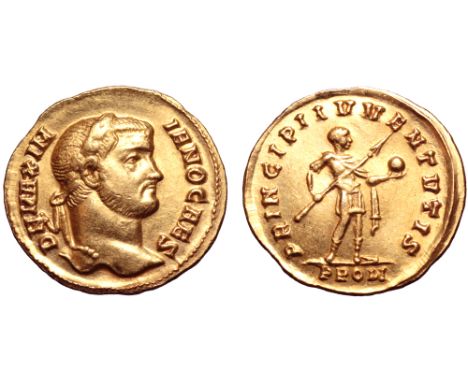 Galerius, as Caesar, AV Quinarius. Rome, AD 298-299. D N MAXIMIANO CAES, laureate head right / PRINCIPI IVVENTVTIS, emperor s