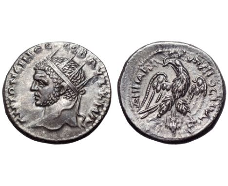 Caracalla AR Tetradrachm of Beroea, Cyrrhestica. AD 215-217. ANTΩNEI NOC CEB AYT K M A, radiate head left / ΔHMAPX EΞ YΠATOCΔ