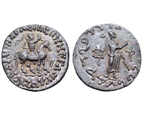 Indo-Skythians, Azes AR Tetradrachm. Mint in central or northern Gandhara, circa 58-12 BC. King on horseback right, holding w