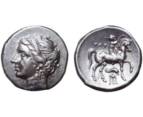 Calabria, Tarentum AR Nomos. Campano-Tarentine series, circa 275-250 BC. Head of nymph left, wearing head band and triple pen
