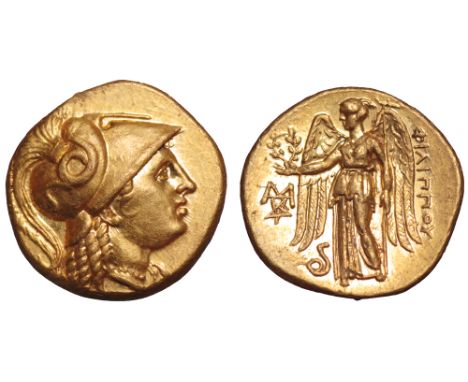 Kingdom of Macedon, Philip III AV Stater. Abydos, circa 323-317 BC. Head of Athena right, wearing crested Corinthian helmet o