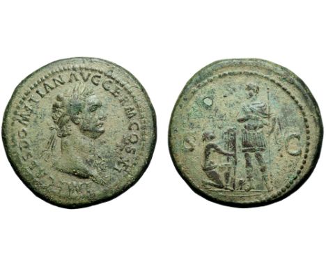 Domitian Æ Sestertius. Rome, AD 85. IMP CAES DOMITIAN AVG GERM COS XI, laureate head right, aegis on far shoulder / Emperor s