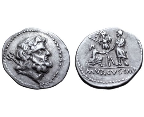 L. Staius Murcus AR Denarius. Military mint travelling with Murcus, 42-41 BC. Head of Neptune right, with trident over should