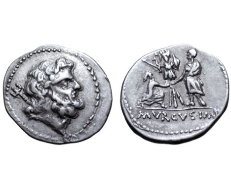 L. Staius Murcus AR Denarius. Military mint travelling with Murcus, 42-41 BC. Head of Neptune right, with trident over should