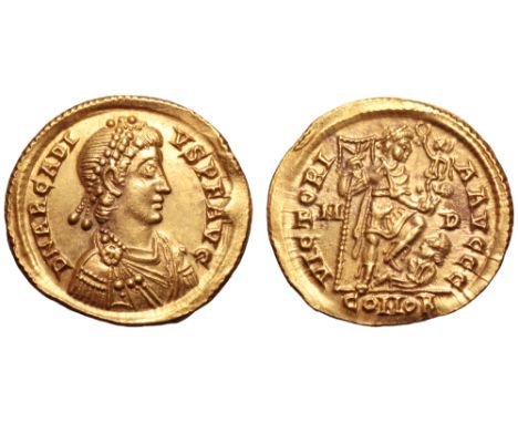 Arcadius AV Solidus. Mediolanum, AD 395-402. D N ARCADIVS P F AVG, pearl-diademed, draped and cuirassed bust right / VICTORIA