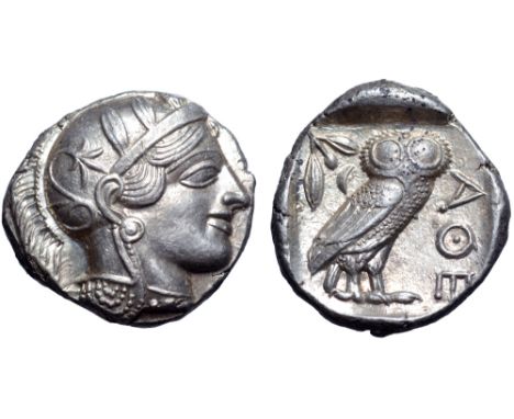 Attica, Athens AR Tetradrachm. Circa 454-404 BC. Head of Athena right, wearing earring, necklace, and crested Attic helmet de