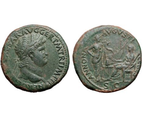 Nero Æ Sestertius. Lugdunum, AD 65. NERO CLAVD CAESAR AVG GER P M TR P IMP P P, laureate head right; globe at point of bust /